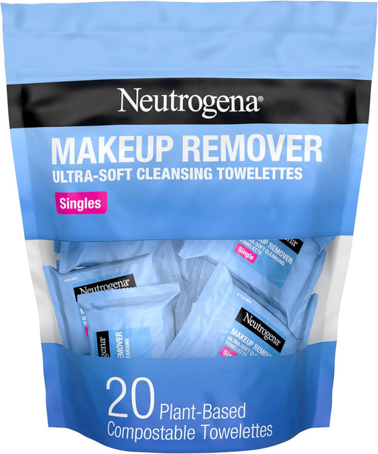 Neutrogena Makeup Remover Facial Cleansing Towelette Singles, Daily Face Wipes Remove Dirt, Oil, Makeup & Waterproof Mascara, Gentle, Individually Wrapped, 100% Plant-Based Fibers, 20 ct