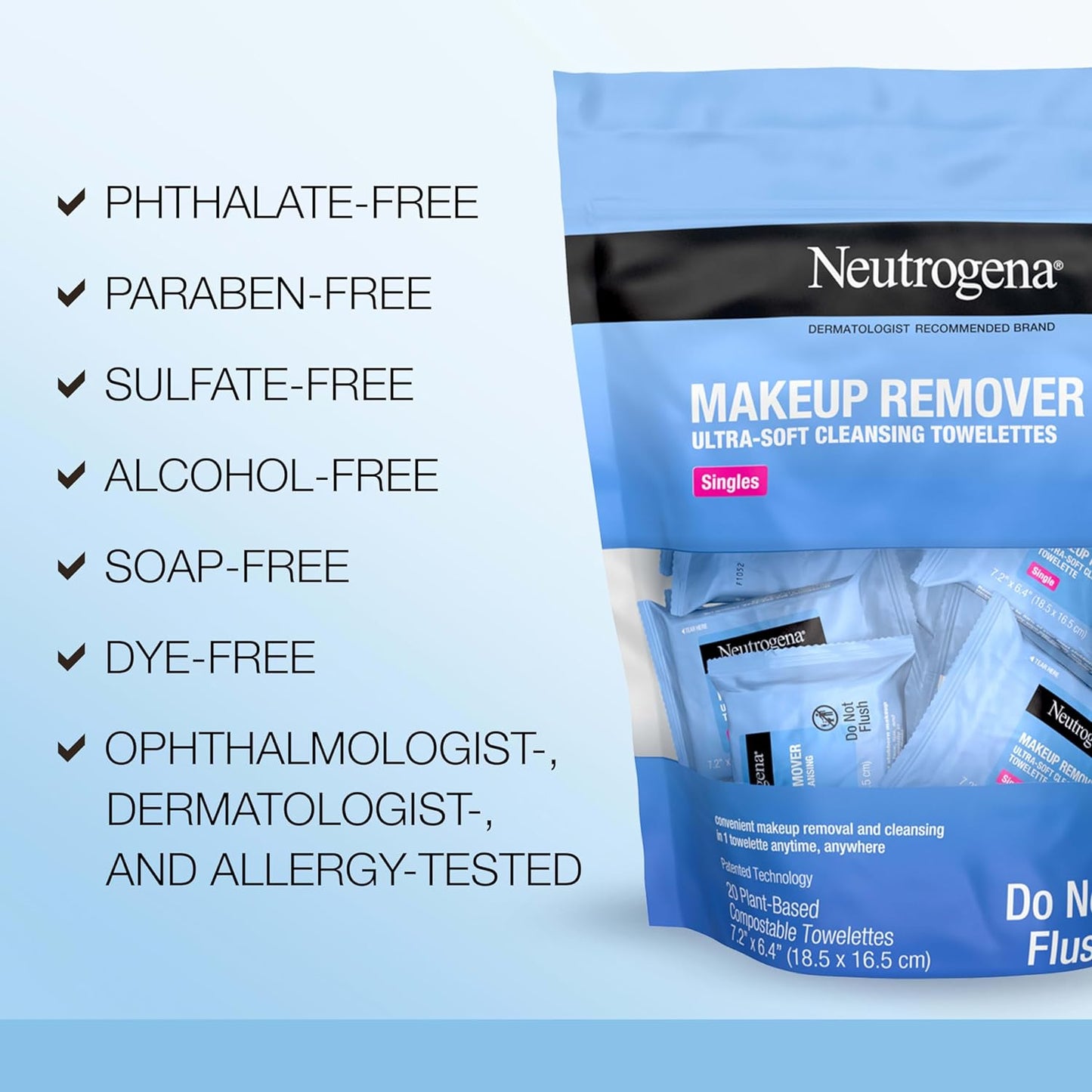 Neutrogena Makeup Remover Facial Cleansing Towelette Singles, Daily Face Wipes Remove Dirt, Oil, Makeup & Waterproof Mascara, Gentle, Individually Wrapped, 100% Plant-Based Fibers, 20 ct