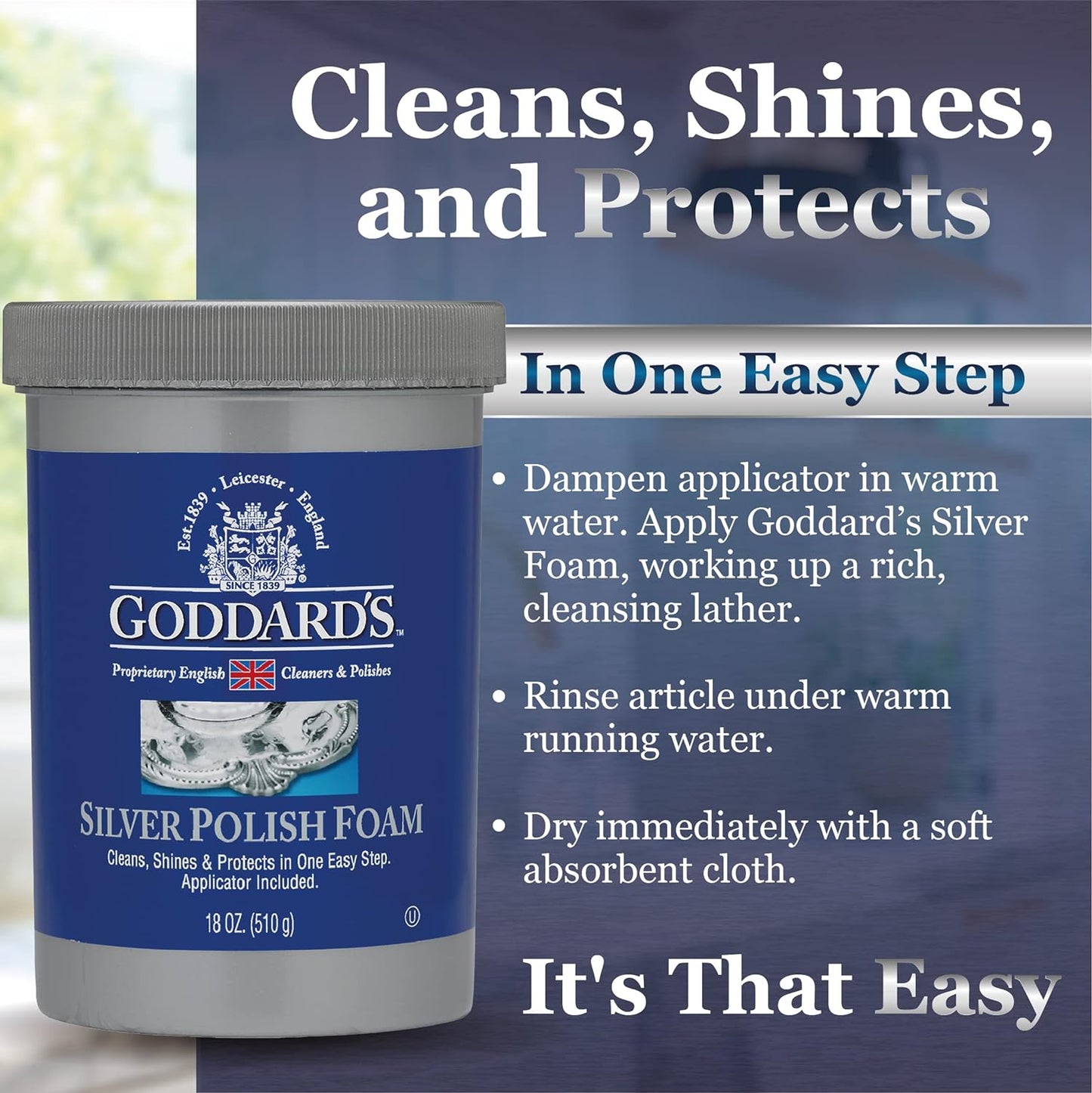 Goddard’s Silver Polish Foam – Silver Jewelry Cleaner for Antiques, Accessories, Ornaments & More – Silver Cleaner for Silverware Protection – Tarnish Remover for Jewelry w/Sponge Applicator (18 oz)